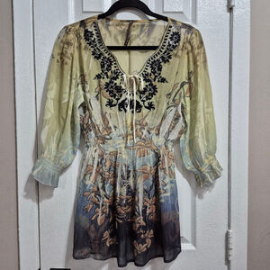 Mishka by Sienna Rose Tunic M Yellow Blue Floral